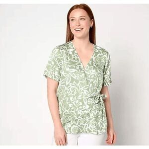 AnyBody‎ Womens Size XS Printed Short Sleeve Faux Wrap Top Sage Green NWOT)